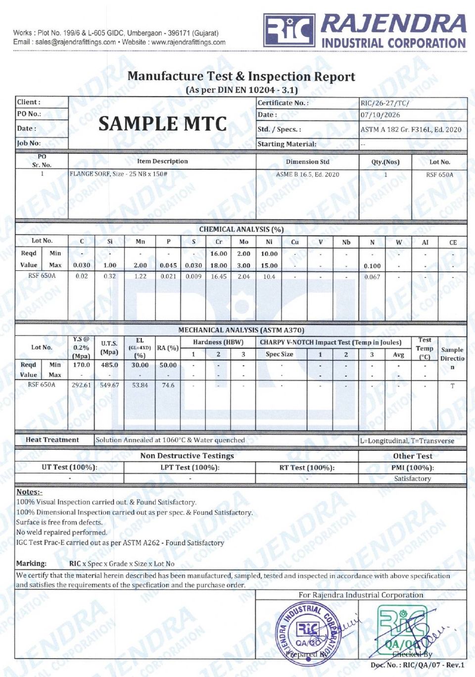 Sample RIC Manufacture Test and Inspection Report to EN 10204 3.1 for an ASTM A182 F316L slip-on flange